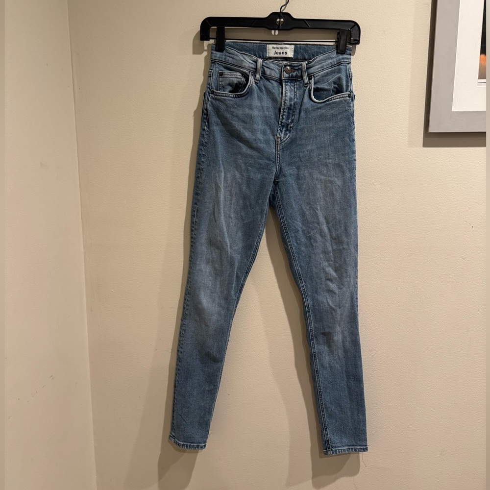 Reformation Sz 25 High Rise Skinny Jeans Blue Button Fly Pants Stretch
